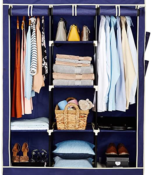 Solimo 3-Door Foldable Wardrobe, 8 Racks, Navy Blue (Plastic,Fabric)